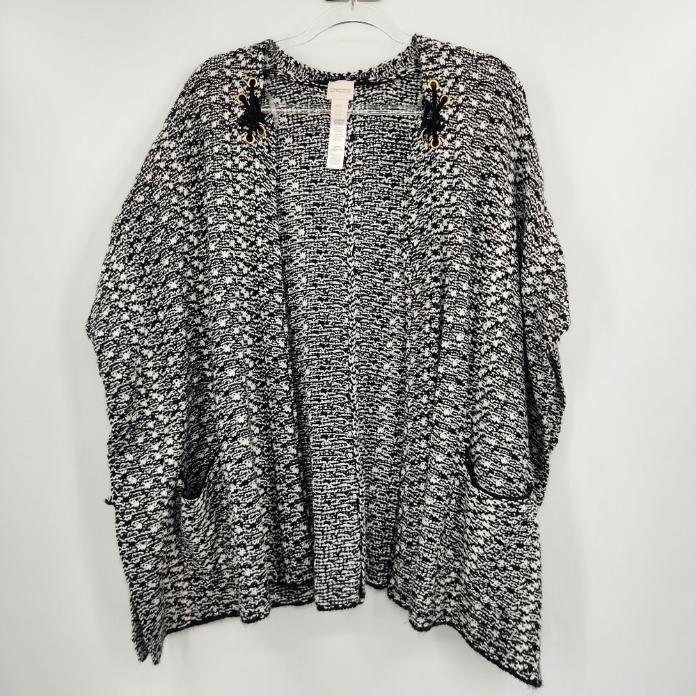 Chicos 3 Black White Knit Ruana Sweater Womens Size XL Kimono Sleeve